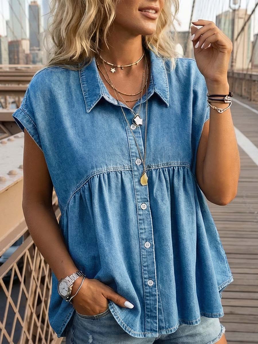 Women's Lapel Short-sleeved Casual Loose Denim Shirt
