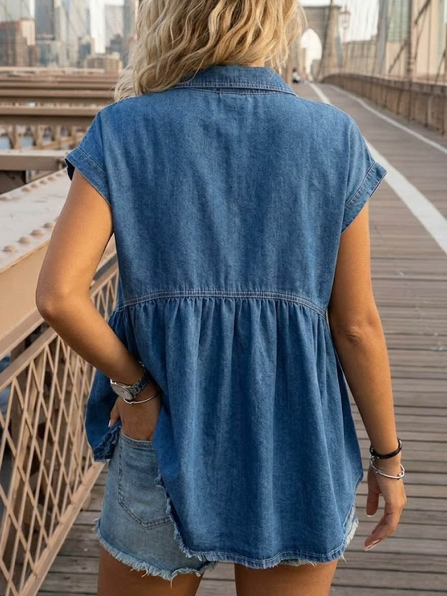 Women's Lapel Short-sleeved Casual Loose Denim Shirt