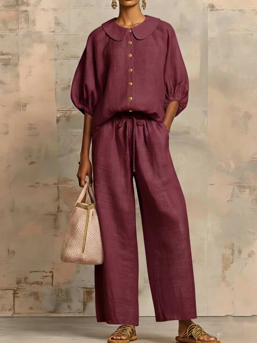 Stylish Peter Pan Collar Shirt And Wide-leg Pant Linen Two-piece Set