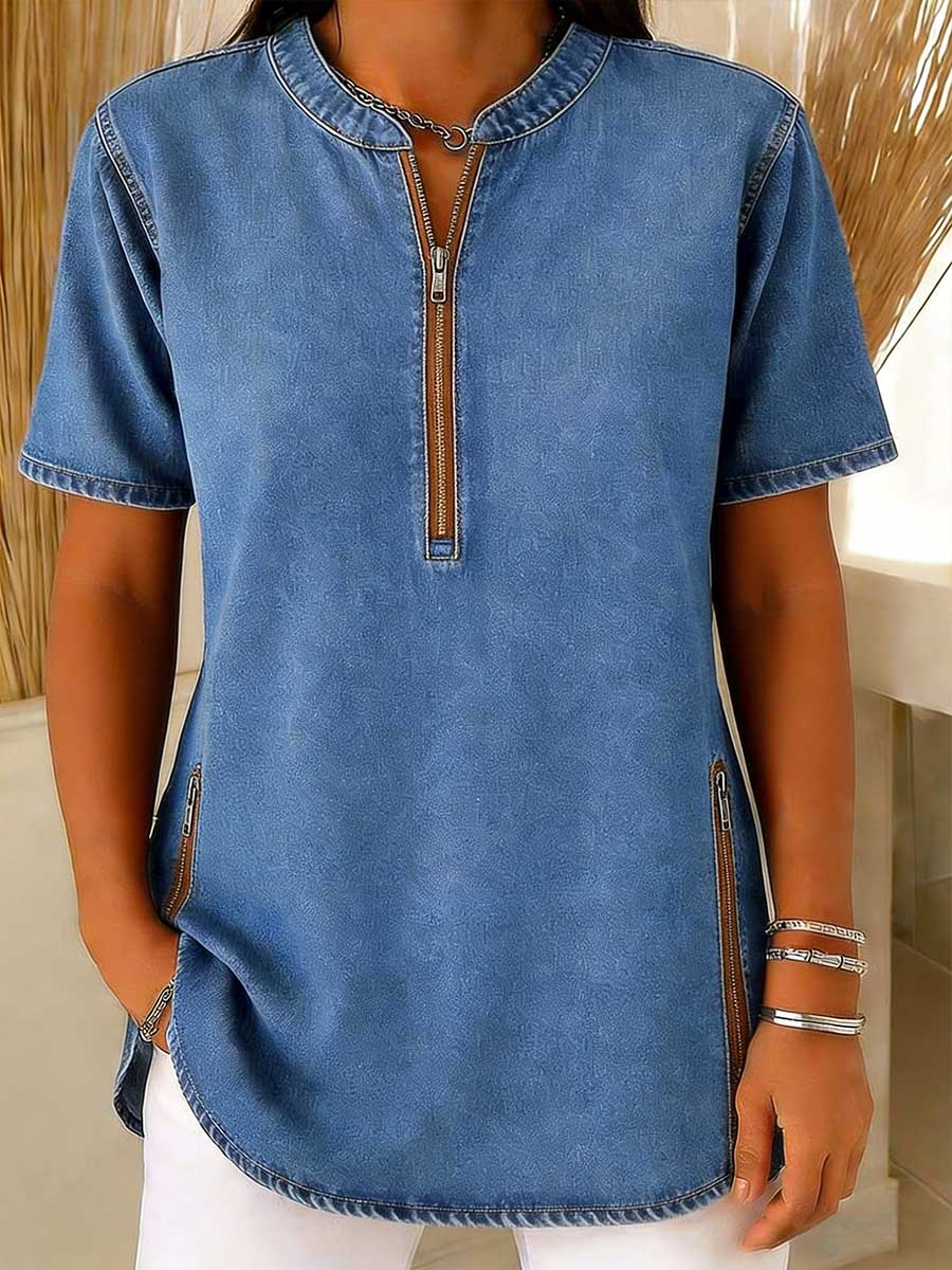 Women's V-neck Short-sleeved Casual Loose Denim Top