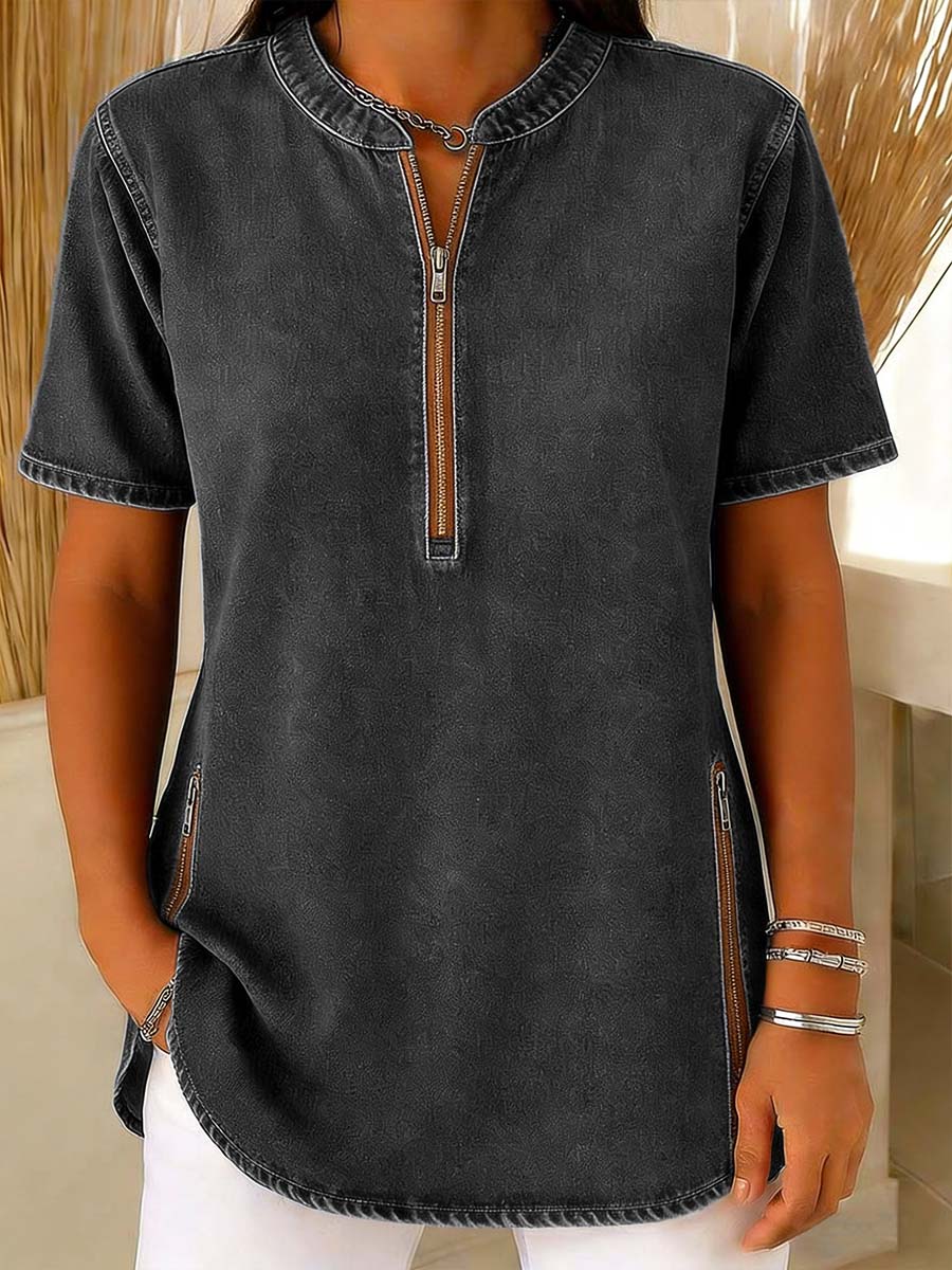 Women's V-neck Short-sleeved Casual Loose Denim Top