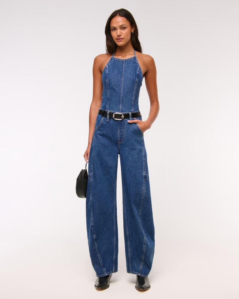 Halter Barrel Denim Jumpsuit