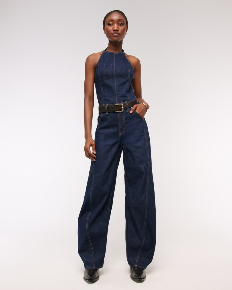 Halter Barrel Denim Jumpsuit
