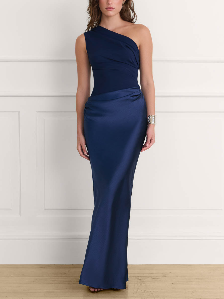 Elegant One Shoulder Neck Pleated Party Maxi Dress