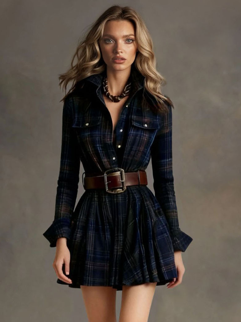 Retro Plaid Single-breasted Mini Dress