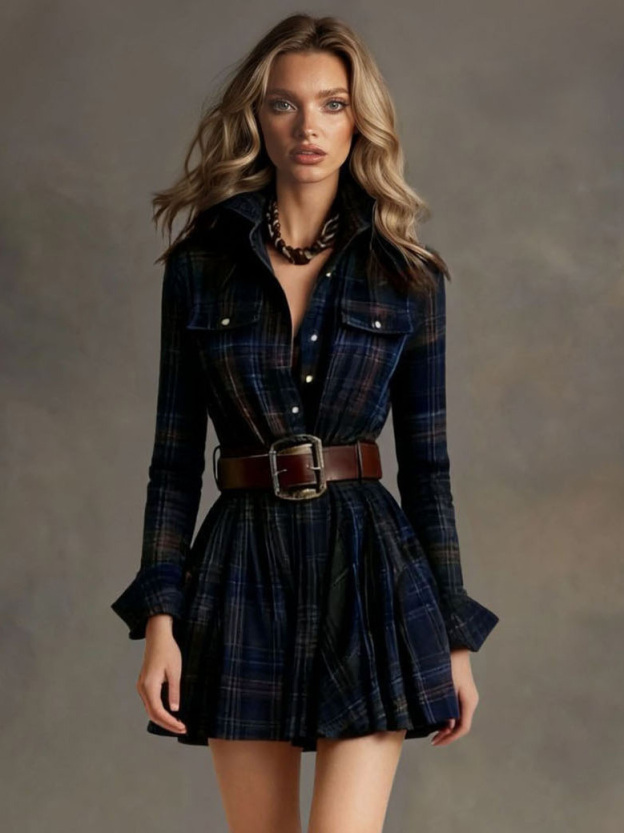 Retro Plaid Single-breasted Mini Dress