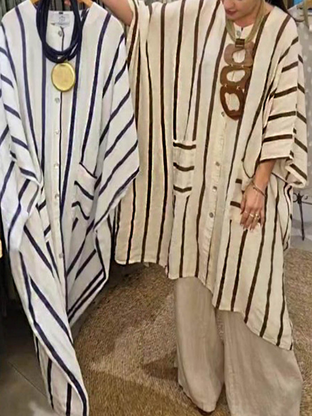 Women's Round Neck 3/4 Sleeve Striped Print Casual Cotton and Linen Cardigan Top