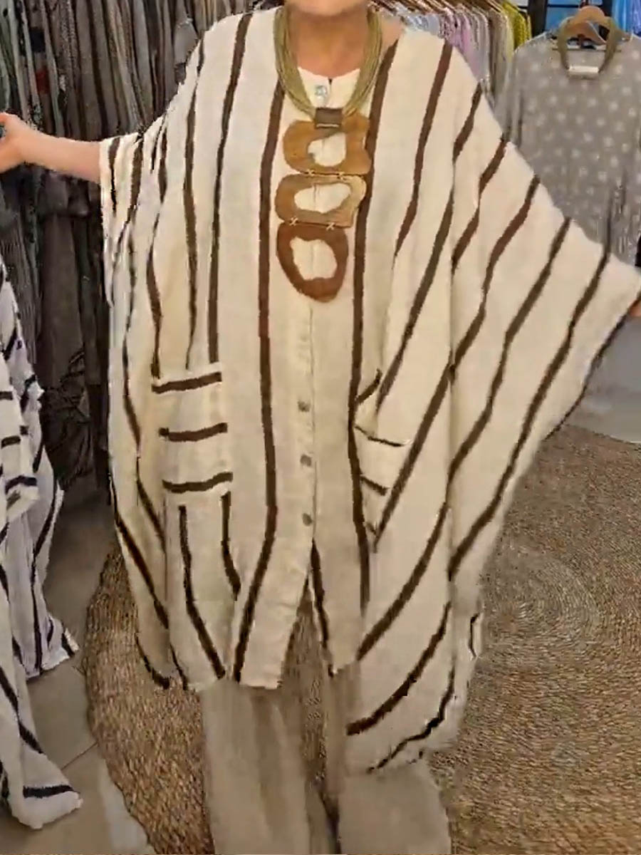 Women's Round Neck 3/4 Sleeve Striped Print Casual Cotton and Linen Ca