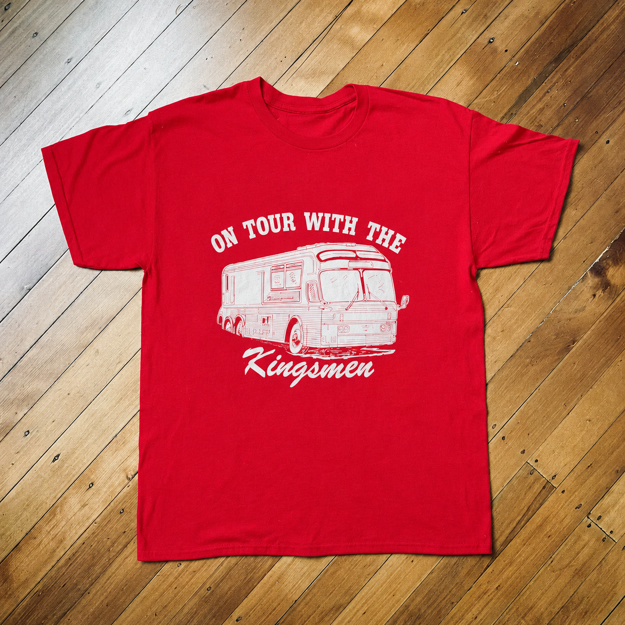 Vintage Kingsmen Tour Bus Graphic T-Shirt – Red Retro Crewneck Tee