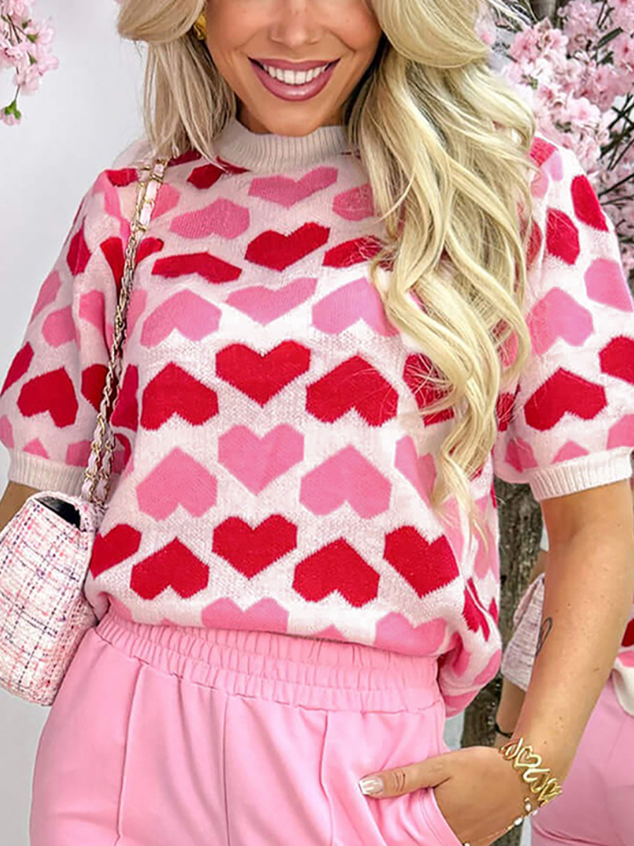 Stylish and Versatile Knitted Top with Heart Print Sweater.
