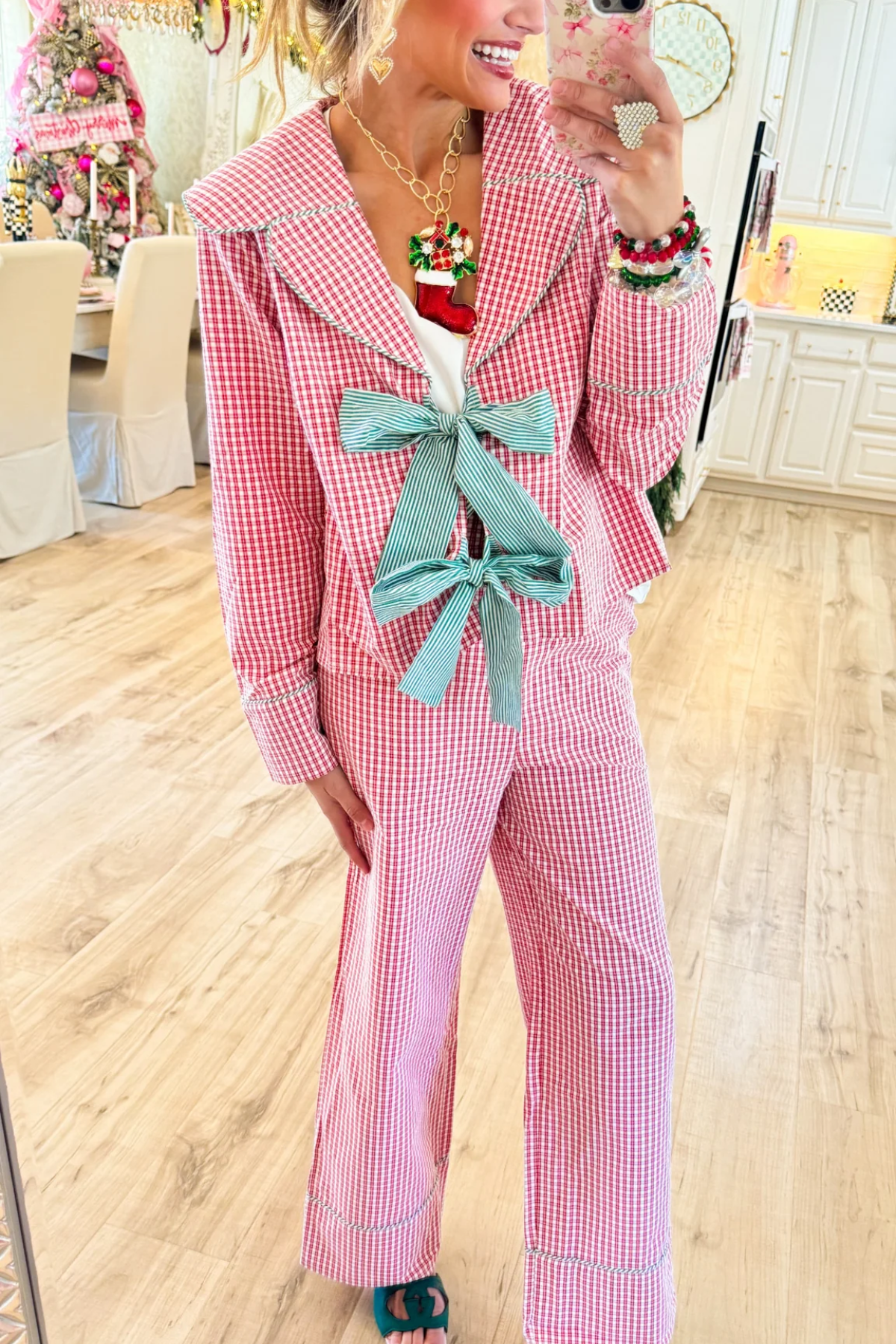 Red Plaid V-Neck Pajamas Set