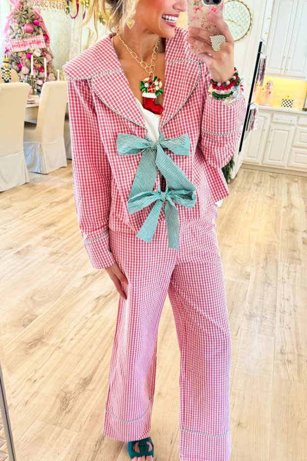 Red Plaid V-Neck Pajamas Set