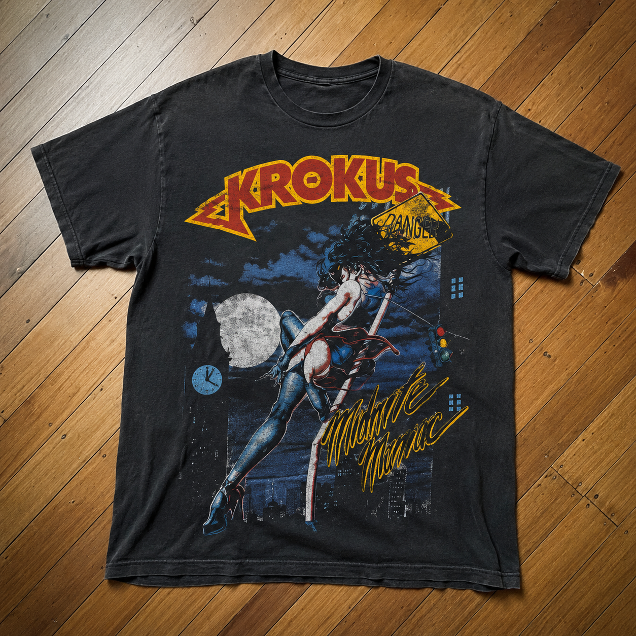 Front view of Krokus 1984 Midnite Maniac Blitz Tour T-Shirt