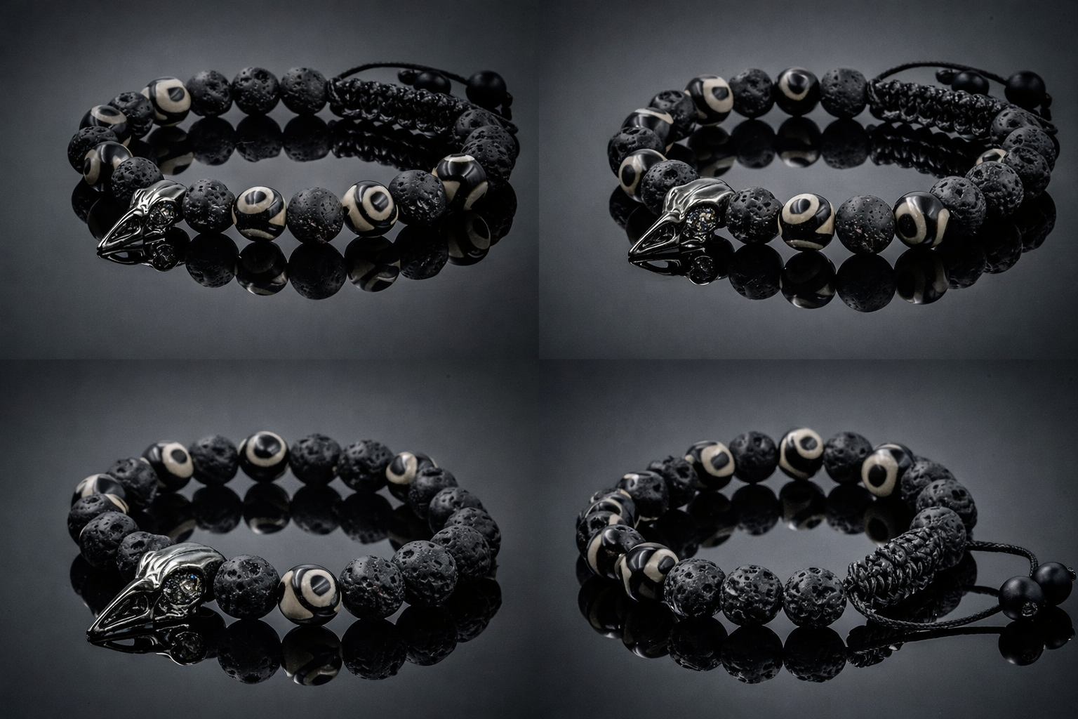 Raven Skull Bracelet Mens Skull Bracelet Bird Skull Black Lava Rock Bracelet Skeleton Celtic Gothic Jewelry Witch Bracelet Medieval jewelry