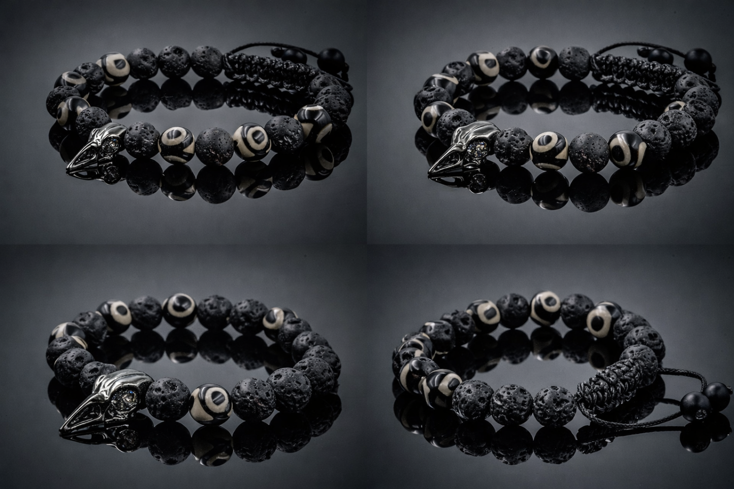 Raven Skull Bracelet Mens Skull Bracelet Bird Skull Black Lava Rock Bracelet Skeleton Celtic Gothic Jewelry Witch Bracelet Medieval jewelry