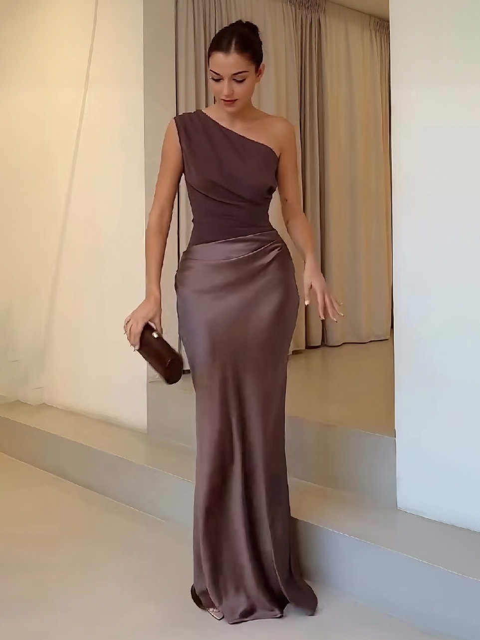 Elegant One Shoulder Neck Pleated Party Maxi Dress