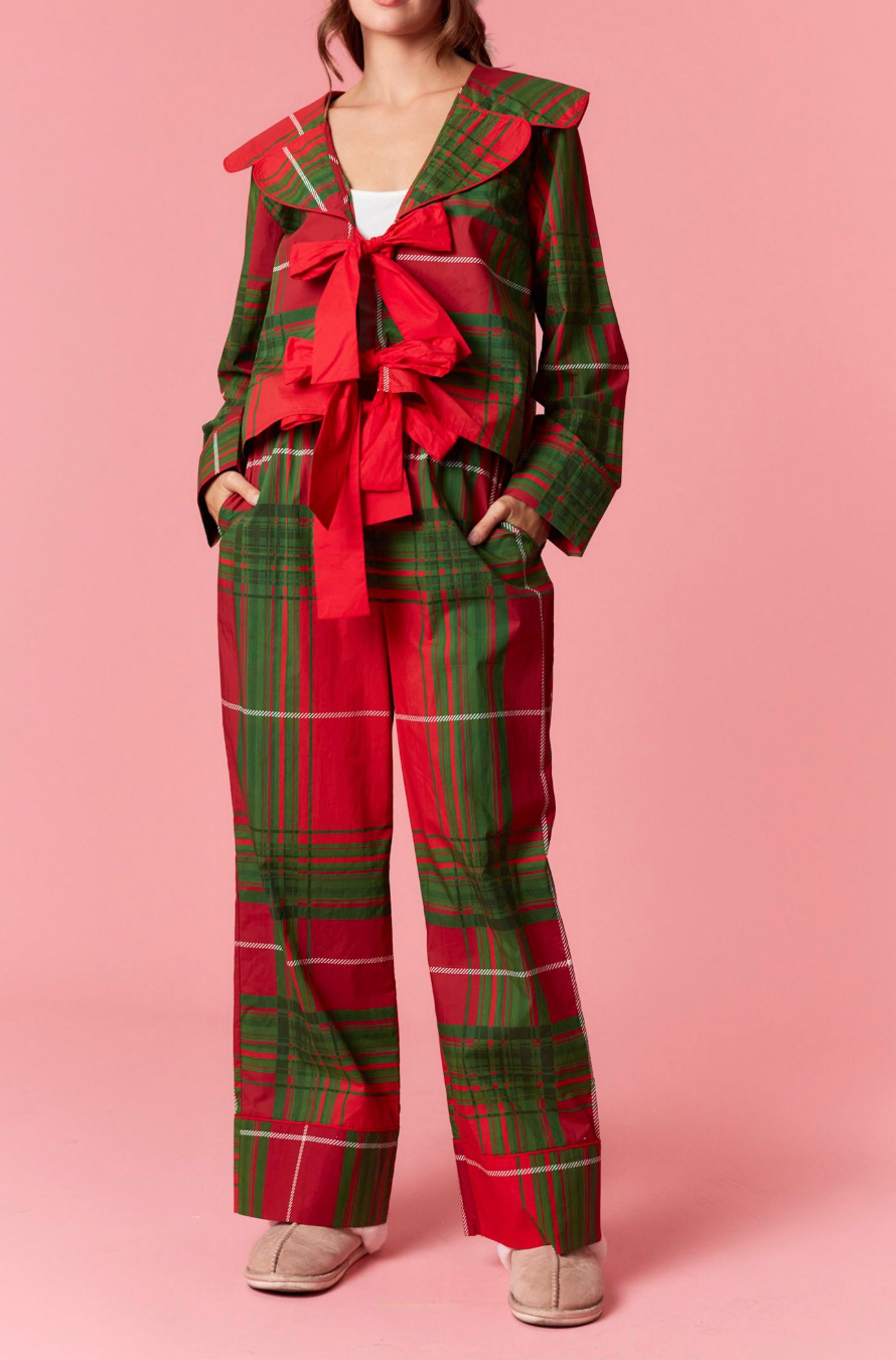 Red Plaid V-Neck Pajamas Set