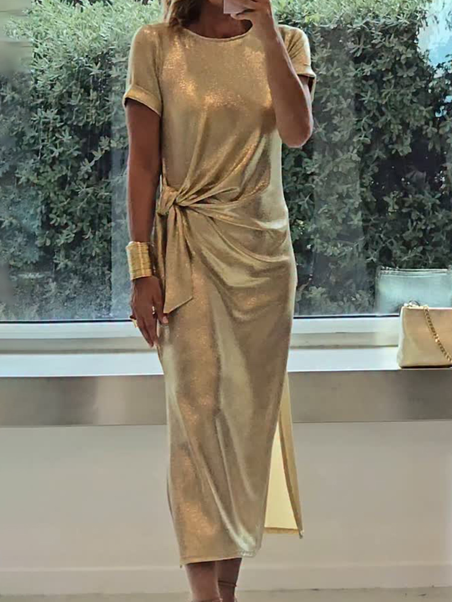 Elegant Twisted Shiny Fabric Midi Dress