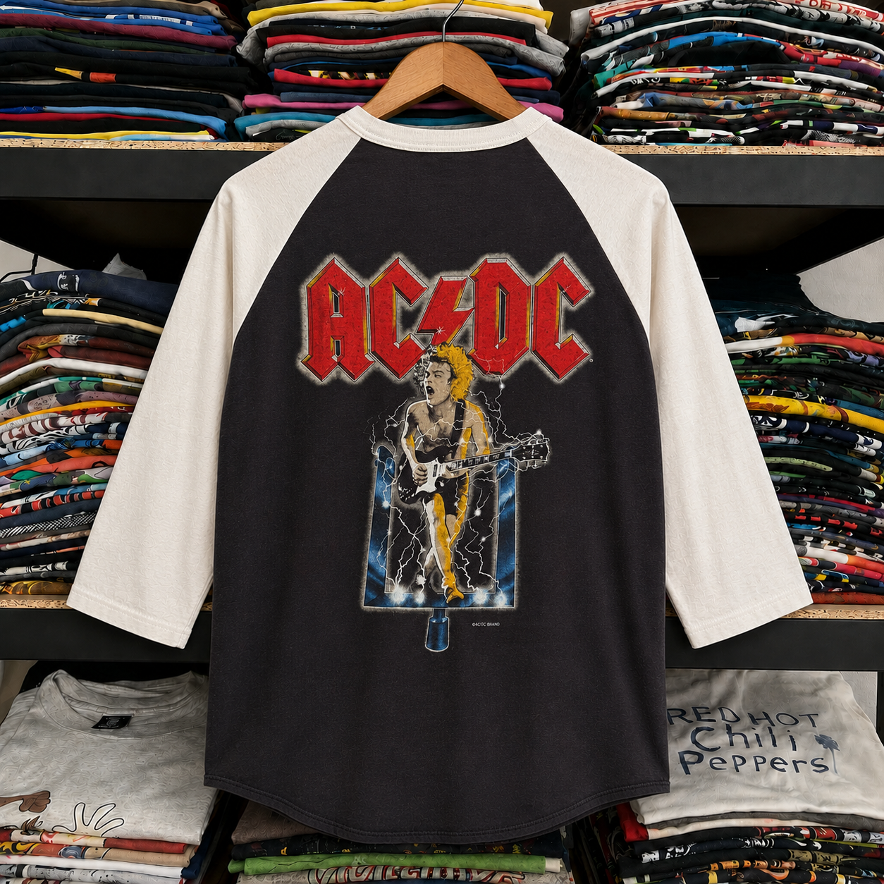 Vintage-inspired black and white AC/DC raglan shirt with guitar artwork