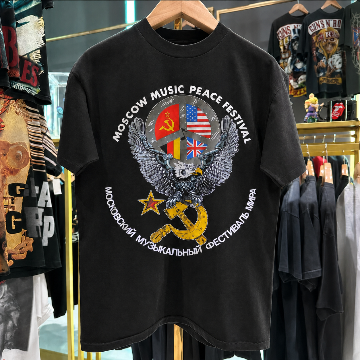 Black 1989 Moscow Music Peace Festival graphic tee, front view