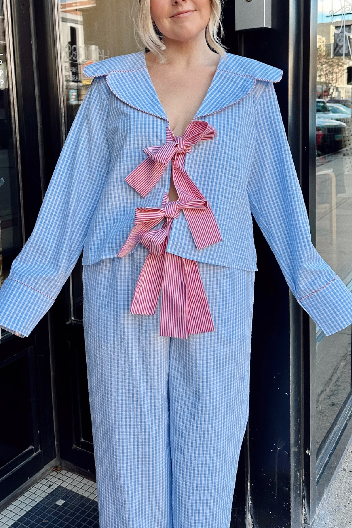 Red Plaid V-Neck Pajamas Set