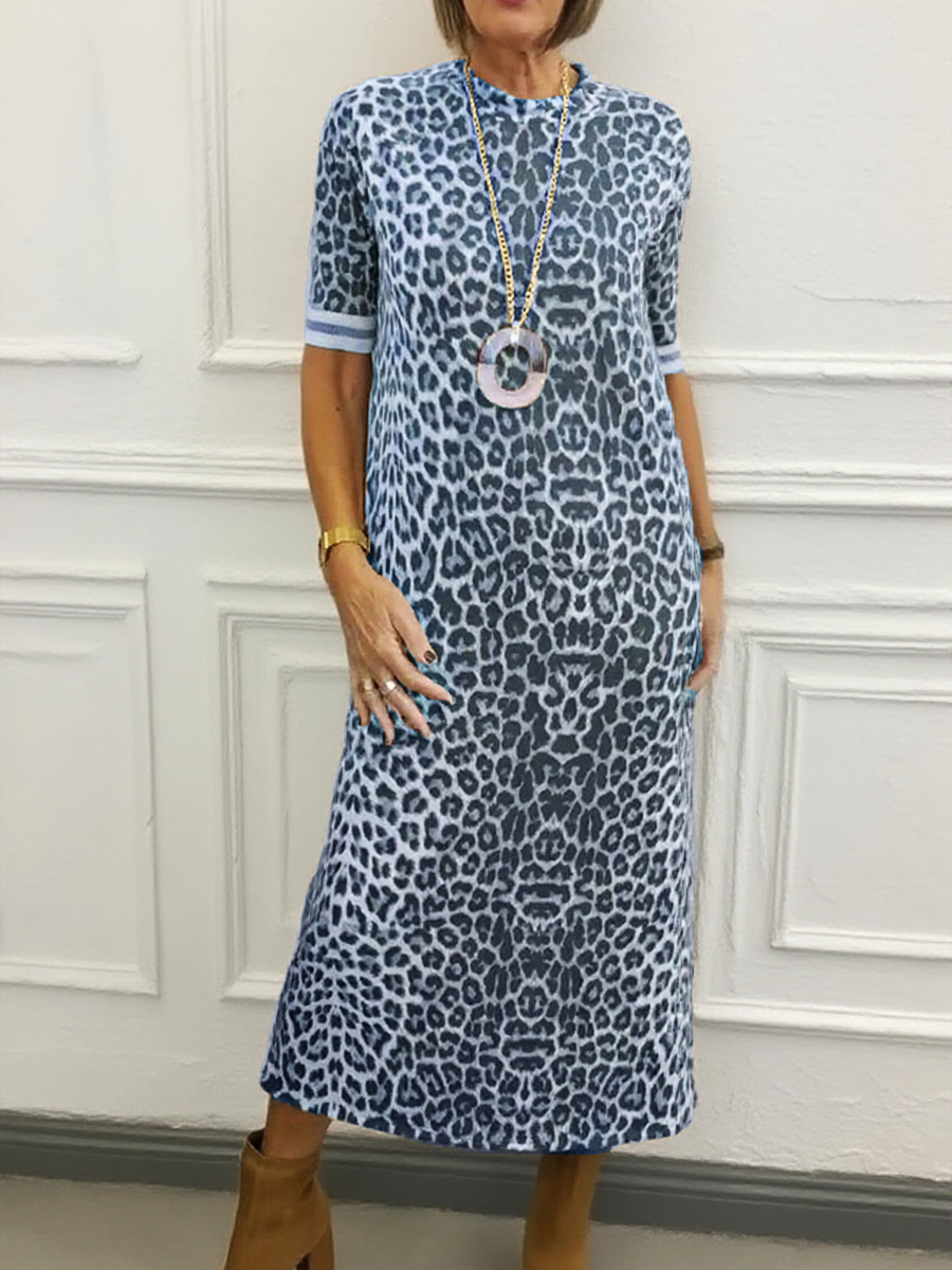 Animal Pattern Round Neck Midi Dress