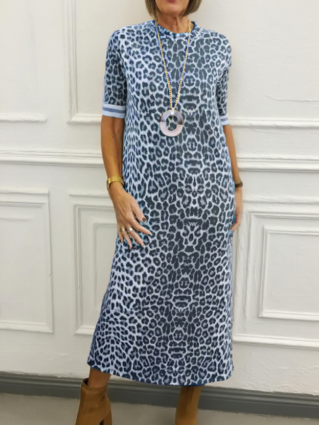 Animal Pattern Round Neck Midi Dress
