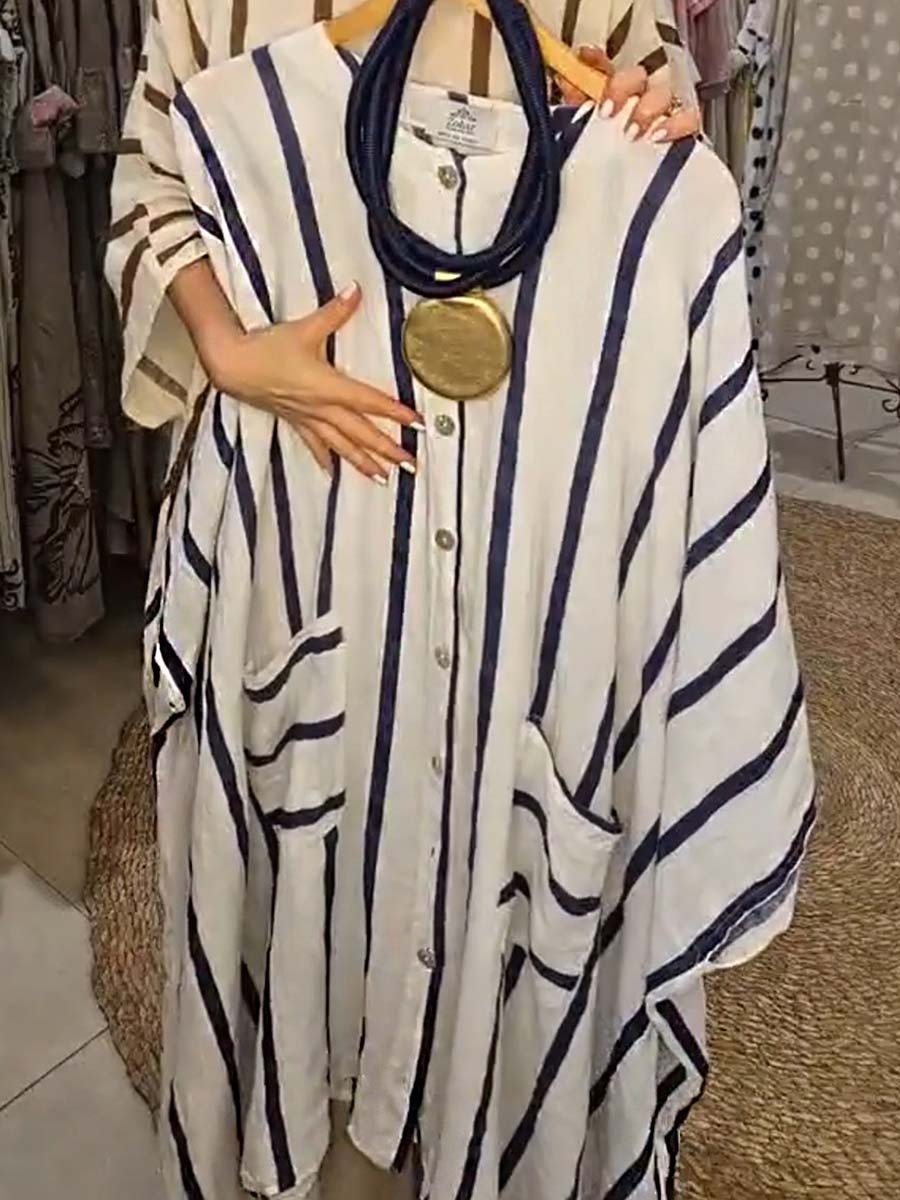 Women's Round Neck 3/4 Sleeve Striped Print Casual Cotton and Linen Cardigan Top