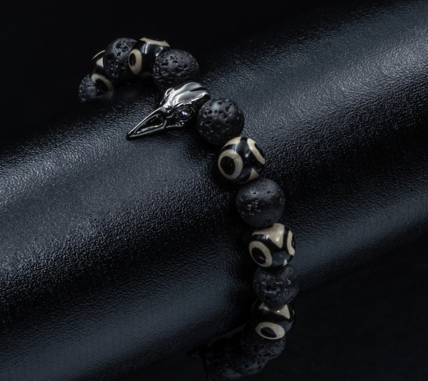Raven Skull Bracelet Mens Skull Bracelet Bird Skull Black Lava Rock Bracelet Skeleton Celtic Gothic Jewelry Witch Bracelet Medieval jewelry