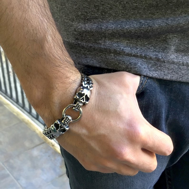 Skull bracelet, Skull men's bracelet, gothic bracelet, mens bracelet, stainless steel skull bracelet, oxidized stainless steel bracelet