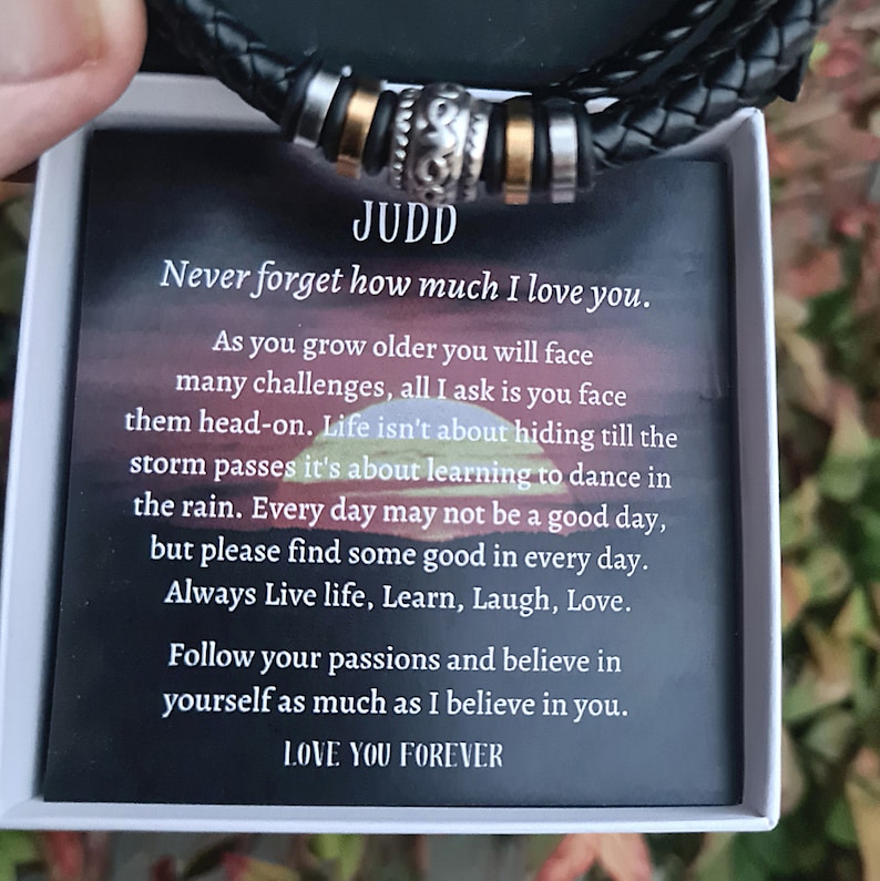 To My-Our Son LOVE YOU FOREVER Personalized Vegan Leather Bracelet Gift Message Card.