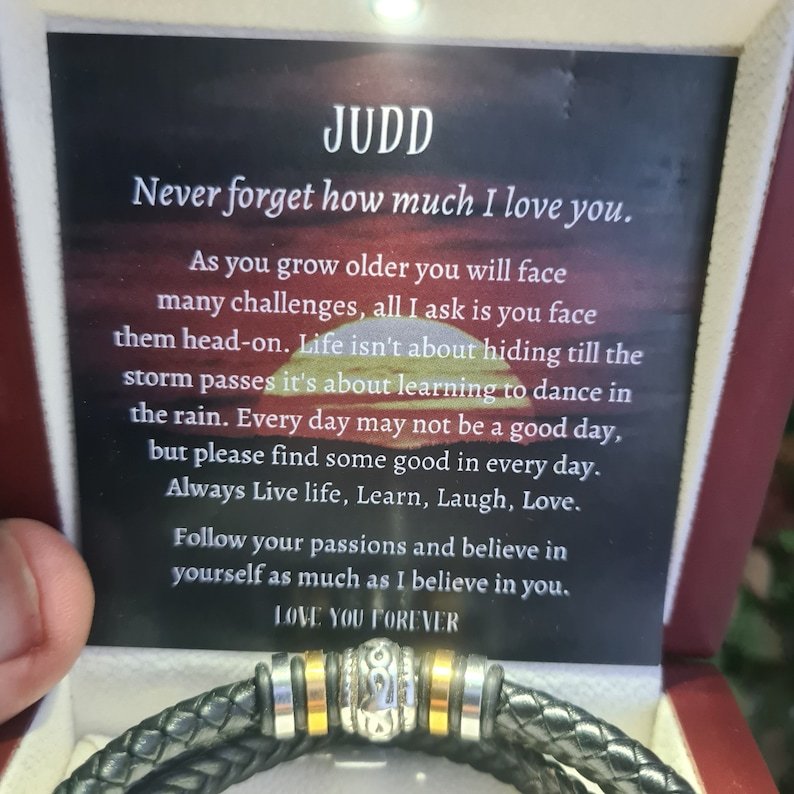 To My-Our Son LOVE YOU FOREVER Personalized Vegan Leather Bracelet Gift Message Card.