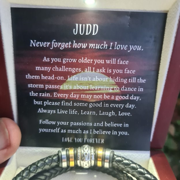 To My-Our Son LOVE YOU FOREVER Personalized Vegan Leather Bracelet Gift Message Card.