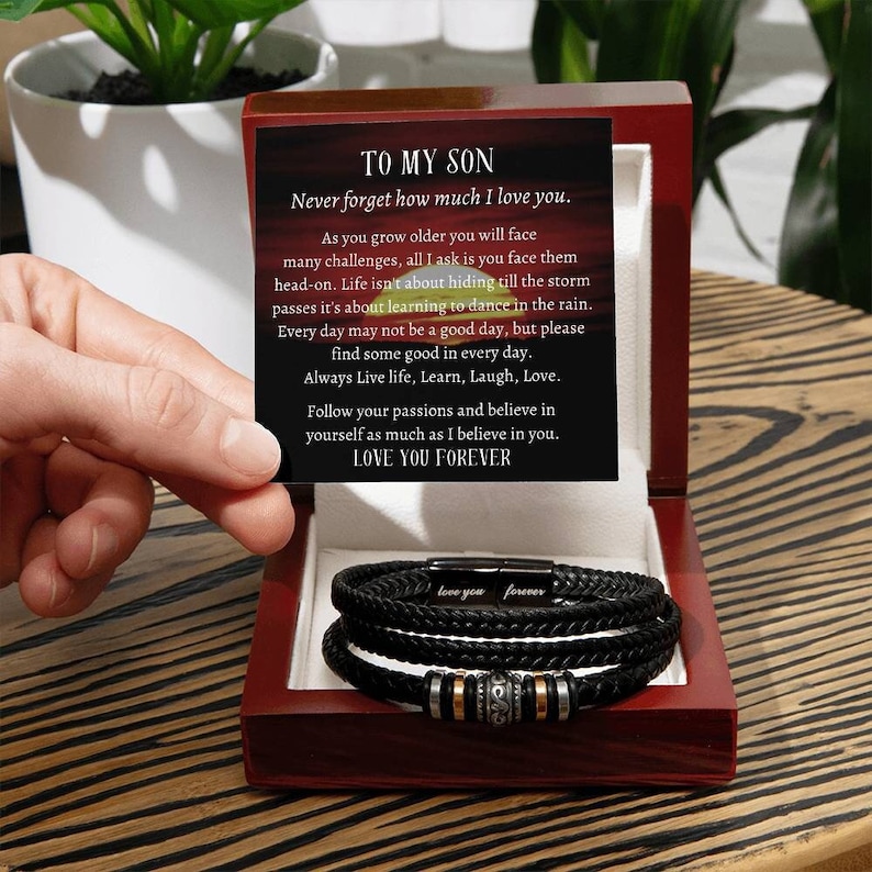 To My-Our Son LOVE YOU FOREVER Personalized Vegan Leather Bracelet Gift Message Card.