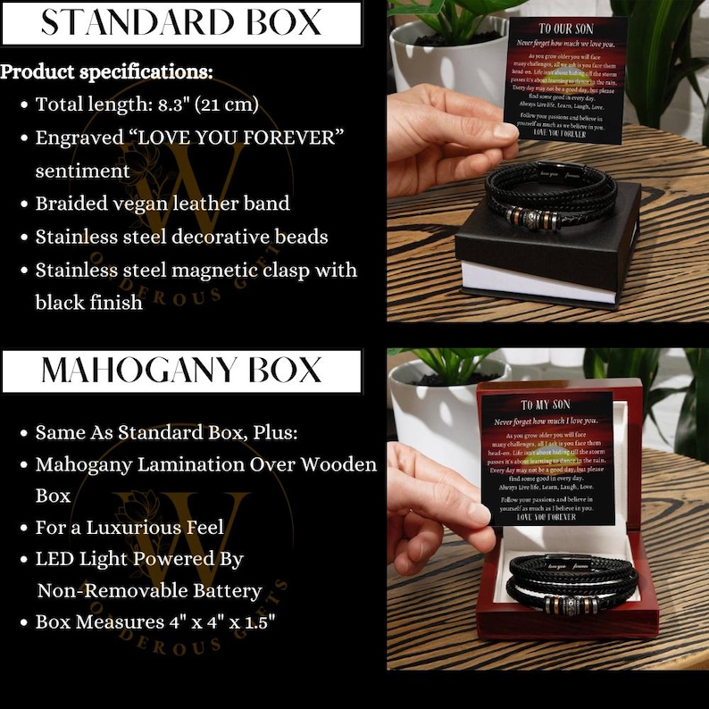 To My-Our Son LOVE YOU FOREVER Personalized Vegan Leather Bracelet Gift Message Card.
