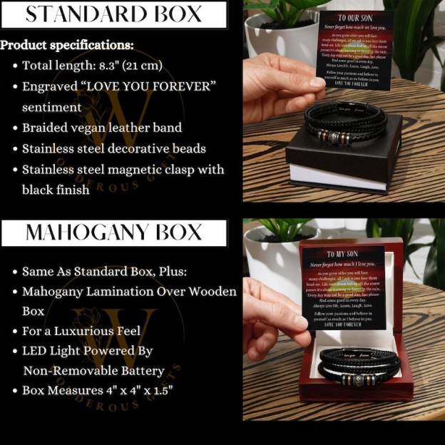 To My-Our Son LOVE YOU FOREVER Personalized Vegan Leather Bracelet Gift Message Card.
