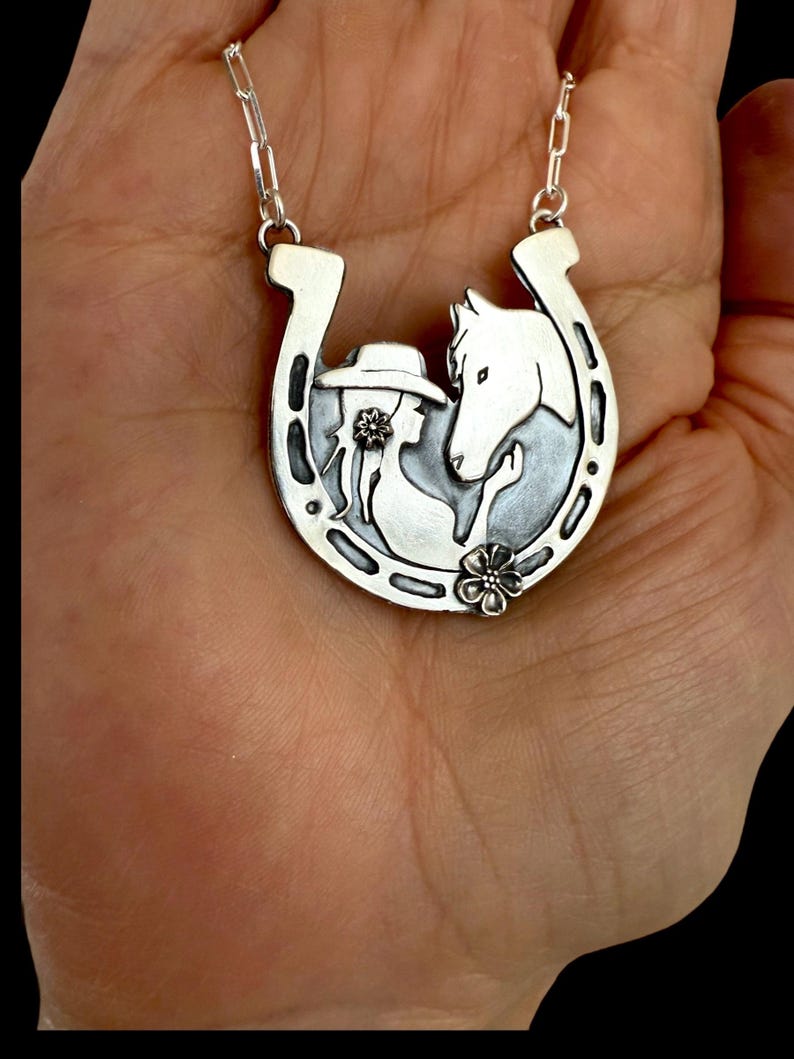 Cowgirl and Horse Sterling Horseshoe Pendant, Girl and a Horse Necklace, Cowgirl Horse Necklace, Silver horseshoe Pendant