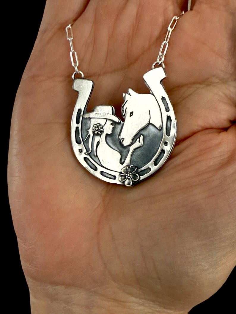 Cowgirl and Horse Sterling Horseshoe Pendant, Girl and a Horse Necklace, Cowgirl Horse Necklace, Silver horseshoe Pendant