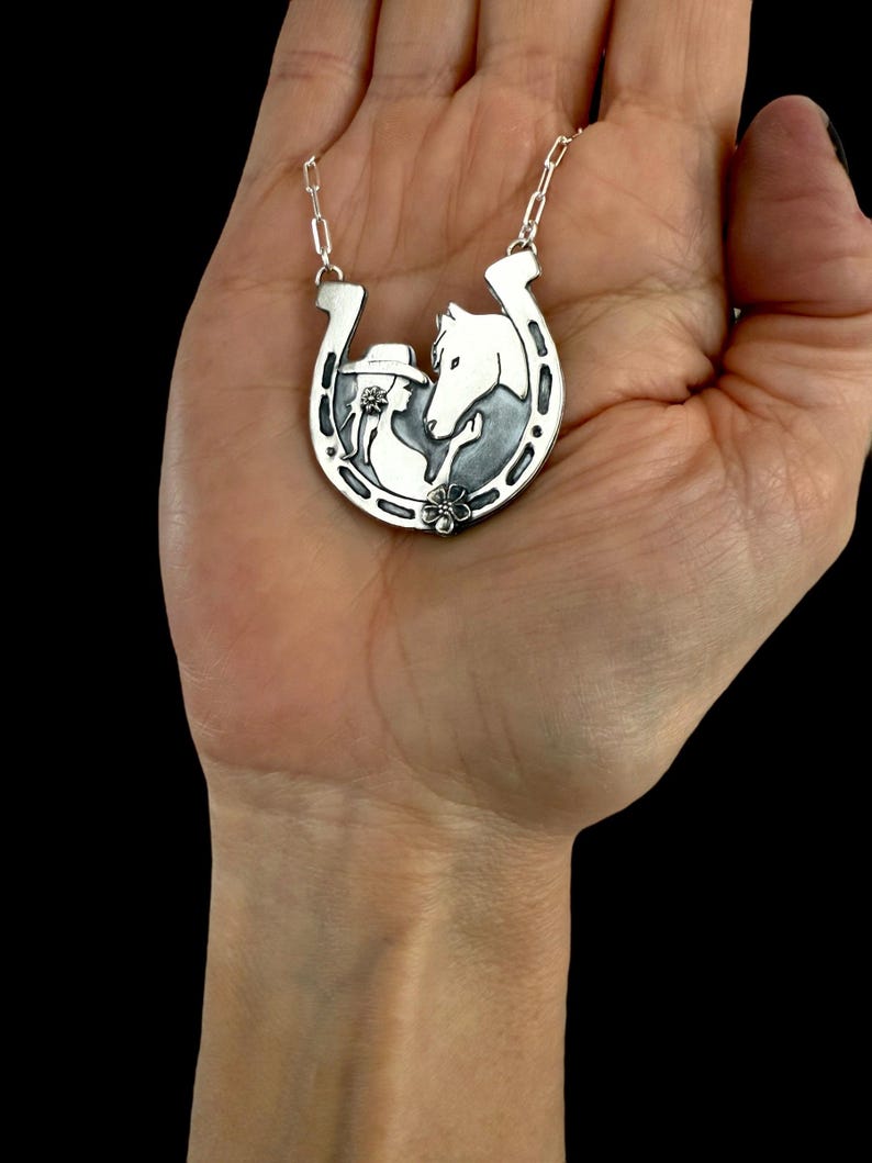 Cowgirl and Horse Sterling Horseshoe Pendant, Girl and a Horse Necklace, Cowgirl Horse Necklace, Silver horseshoe Pendant