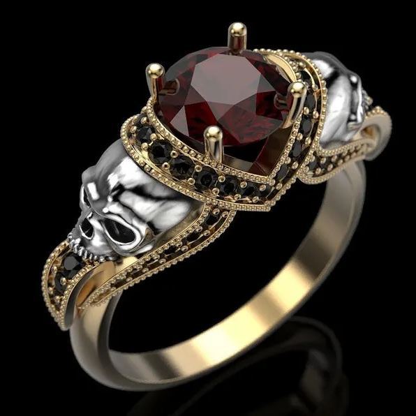 Gothic Skull Sterling Silver Engagement Ring, Red Garnet Halo