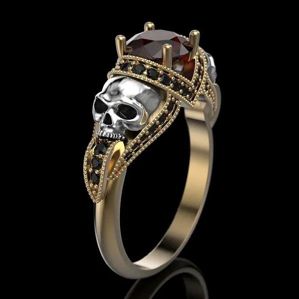 Gothic Skull Sterling Silver Engagement Ring, Red Garnet Halo