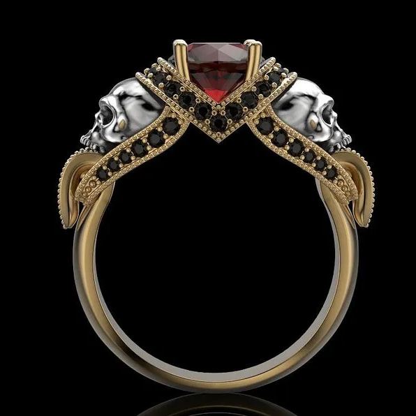 Gothic Skull Sterling Silver Engagement Ring, Red Garnet Halo