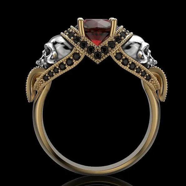 Gothic Skull Sterling Silver Engagement Ring, Red Garnet Halo