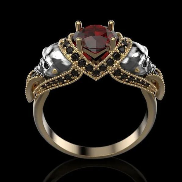 Gothic Skull Sterling Silver Engagement Ring, Red Garnet Halo