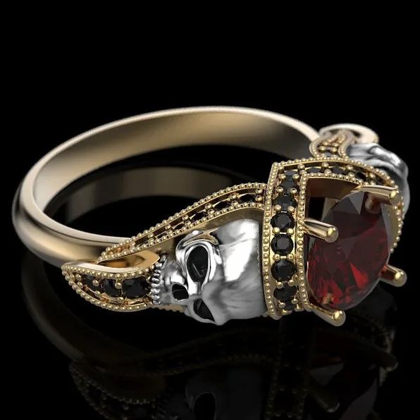 Gothic Skull Sterling Silver Engagement Ring, Red Garnet Halo