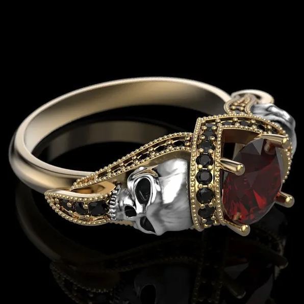 Gothic Skull Sterling Silver Engagement Ring, Red Garnet Halo