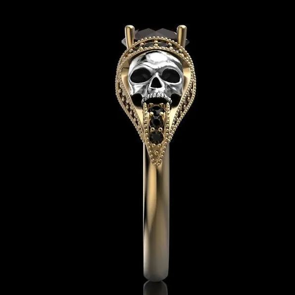 Gothic Skull Sterling Silver Engagement Ring, Red Garnet Halo