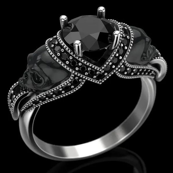 Gothic Skull Sterling Silver Engagement Ring, Red Garnet Halo