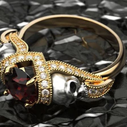 Gothic Skull Sterling Silver Engagement Ring, Red Garnet Halo