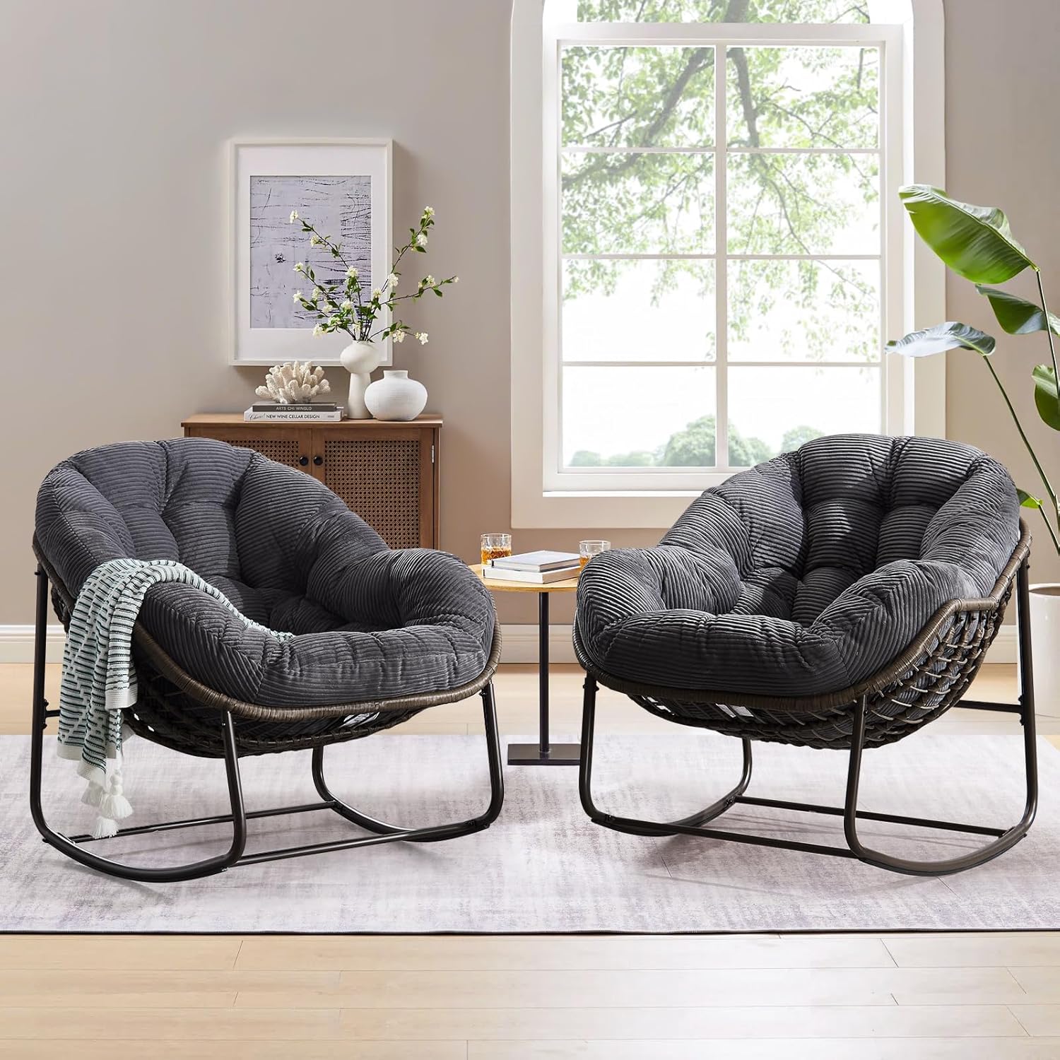 Large Indoor Outdoor Rocking Chair, Oversized Rocking Papasan Chair with Thick Cushion and Frame Outdoor Rocker, Comfy Wicker Egg Chairs Lounge for Outside Porch Patio Backyard Balcony